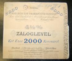 1911. "Pesti Hazai Első Takarékpénztár-Egyesület" záloglevele 2000K-ról, szelvényekkel