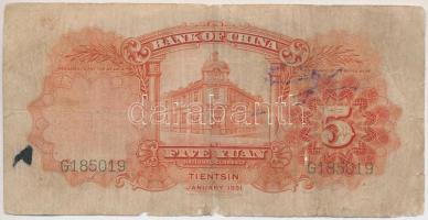 Kína 1931. 5Y T:III- anyaghiány, ly.
China 1931. 5 Yuan C:VG missing material, hole