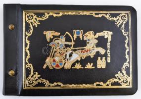 Régi dúsan aranyozott, ókori egyiptomi díszítésű üres fotóalbum, eredeti tokkal, 27x18x3 cm