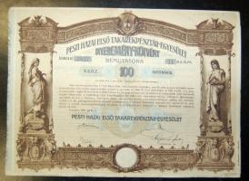 1906. "Pesti Hazai Első Takarékpénztár-Egyesület" nyereménykötvénye 100K-ról, szelvényekkel