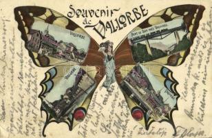 1905 Vallorbe, Souvenir, Pont du Day / railway bridge. Art Nouveau montage postcard with butterfly lady (EK)