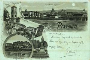 1900 Przemysl, Uhrthurm, Ringplatz, Franz Josef Quai, Sobieski Monument, Ansicht von Zasanie / clock tower, square, quay, statue. M.G. Rosenfeld Art Nouveau, floral, litho (EK)