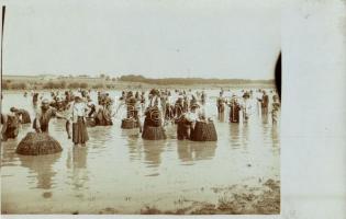 1917 Gruia (Mehedinti), pescuitul in Dunare, fabrica de sticla pe fundal / Halászat a Holt Dunán, háttérben a raktárak és üveggyár / fishing in the Danube, glass factory in the background. photo