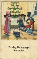 Boldog Karácsonyi Ünnepeket! / Christmas greeting art postcard, children with toy presents. Erika Nr. 6049. litho s: P. Ebner (Rb)