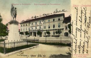 1905 Lőcse, Leutschau, Levoca; megyeház és Honvéd szobor / Regierungsgebäude, Honvéd Denkmal / county hall, military statue