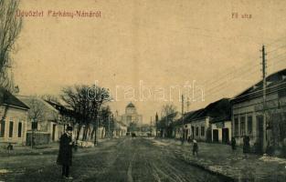 1907 Párkánynána, Párkány-Nána, Stúrovo; Fő utca, üzletek, esztergomi bazilika. W. L. (?) No. 158. Miklósy Gyula kiadása / main street, shops, basilica (Eszergom) (EK)