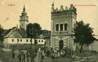 1910 Leibic, Leibicz, Leibitz, Lubica; Római katolikus templom, Tűzoltótorony, Tűzoltószertár. W. L. Bp. 2881. Kiadja Götz Amália / Catholic church, firefighter depot, fire tower (EK)