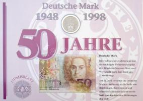 Németország 1998F 10M Ag 50 éves a Német Márka nagyalakú emlékíven elsőnapi bélyegzős bélyeg-kisívvel T:1 Germany 1998F 10 Mark Ag 50 Years of German Deutsch Mark coin on large souvenir sheet with stamps and FDC C:UNC