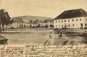 1901 Németpróna, Nemecké Právno, Nitrianske Pravno; utcakép, Városi vendégfogadó. Kiadja Richter Rezső / street view, inn, lodging house (ázott sarkak / wet corners)