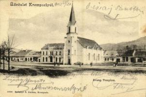 1903 Korompa, Krompach, Krompachy; Evangélikus templom, bor és sörcsarnok, vendéglő, étterem, üzletek. Kiadja Balkányi S. / Lutheran church, beer hall, restaurant, shops (fl)