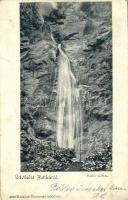 1900 Ruttka, Vrútky; Suttói (Sutói) vízesés. Kiadja Moskóczi Ferencné 4092. / Sútovsky vodopád / waterfall + RUTTKA - KASSA 181. SZ. vasúti mozgóposta béylegző (EK)