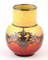 Fém rátétes, repesztett mázas kerámia váza, kis kopásnyomokkal, m: 14 cm