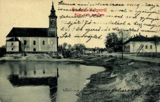 1909 Horgos, Római katolikus templom. W. L. 6015. Kiadja Bodvai Károly / Catholic church + SZABADKA - BAJA 143. SZ. vasúti mozgóposta bélyegző (EK)