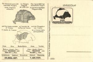 Trianon. Hátoldalon "Az ezeréves egységes Magyarország és a tiranoni béke szörnyszülöttje"...