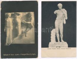 11 db RÉGI használatlan görög városképes lap és motívumlap: szobrok / 11 pre-1945 unused Greek town-...