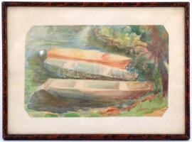 Orosz Anna: Csónakok. akvarell, papír. Jelzett. 18x28 cm Üvegezett keretben.