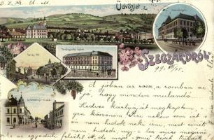 1899 Szekszárd, Garay tér, Törvényszéki épület, Széchenyi utca, Gimnázium, látkép a zsinagógával. Art Nouveau, floral, litho (vágott / cut)