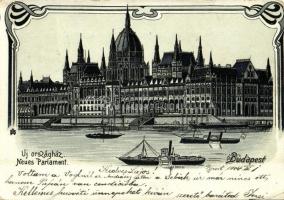 1904 Budapest V. Az új Országház, Parlament, gőzhajó. Art Nouveau, litho (kopott sarkak / worn corners)