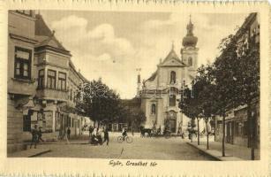 Győr, Erzsébet tér, templom, üzlet. Polgár Bertalan kiadása