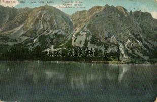 1906 Tátra, Magas Tátra, Vysoké Tatry; Poprádi-tó, Oszterva. Dr. Trenkler Co. Tát. 26. / Popper-See / Poprádské pleso, Ostrva / lake, mountain peak in the High Tatras (kopott sarkak / worn corners)