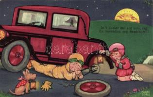 1930 In t donker met een auto, zeg! En bovendien nog bandenpech! / children with automobile, changing a tire, dog, Amag 0323. s: Margret Boriss