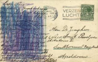 At the gas station, children, automobile, dog, art postcard