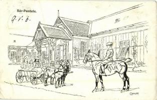1909 Sárpentele (Sárszentmihály), Széchenyi kastély, hintó, fiú lovon. Kiadja a Jókai könyvnyomda (Budapest) s: Garay (gyűrődés / crease)