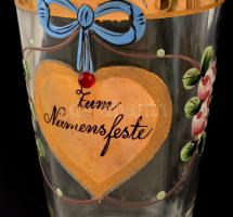 cca 1900 emlék talpas pohár ( 2 db), kézzel festett, jelzés nélkül, kopás nyomokkal,  m: 14,5 cm (2×...