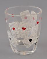 6 db kártyamintás üveg kupica, matricás, kis kopásnyomokkal, m: 5 cm