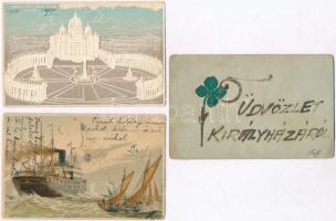 13 db régi motívumlap, közte litho, dombornyomott, textil lapok / 13 pre-1945 motive cards, including litho, Emb., textile cards