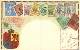 Mauritius / Stamps, coat of arms and map of Mauritius. Carte Philatelique Ottmar Zieher No. 88. litho