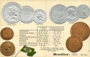 Brasilien / Coins and flag of Brazil. M. H. Berlin-Schbg. Emb. litho (pinhole)