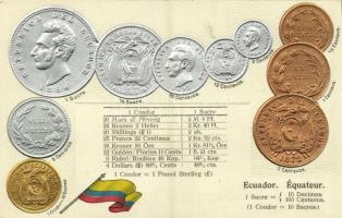 Ecuador / Équateur / Coins and flag of Ecuador. M. H. Berlin-Oranienburg-Eden. Emb. litho (pinhole)