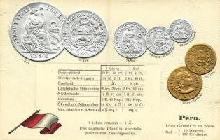 Peru / Coins and flag of Peru. M. H. Berlin-Schbg. Emb. litho (pinhole)