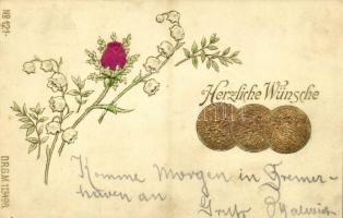 1900 Herzliche Wünsche. Deutsche Reich 10 Mark / Coins of Germany. Greeting with flower, silk card. DRGM 113496. No. 121. Emb.