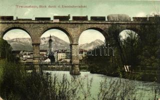 1909 Traunstein, Blick durch d. Eisenbahnviadukt / railway bridge, train (EK)