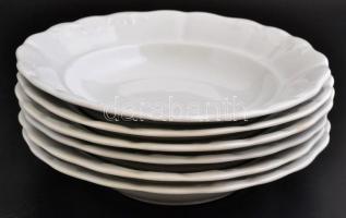 Zsolnay porcelán fehér mázas mélytányérok, 6 db, jelzett, kopásnyomokkal, d: 23 cm