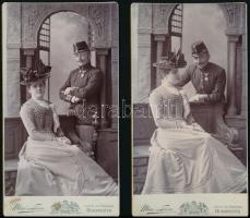 cca 1880-1900 Házaspár keményhátú fotója, rajta katonaruhás férjjel Mai és Társa fényképészek műterméből, 11x20,5 cm