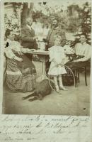 1906 Verebély, Vráble; család a kertben kutyával / family in the garden with dog. photo (EK)