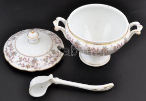 Jelzés nélkül: Porcelán mártásos tál kanállal. Matricás, hibátlan d: 16 , m:20 cm