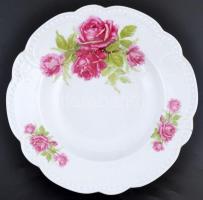 Zsolnay rózsamintás porcelán mélytányér, matricás, jelzett, kopásnyomokkal, d: 23,5 cm