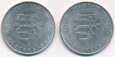 1947. 5Ft Ag "Kossuth" (2x) T:1-,2 kis patina Adamo F8.1