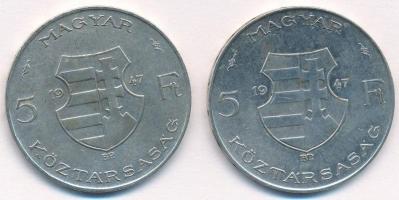 1947. 5Ft Ag "Kossuth" (2x) T:1-,2 kis patina Adamo F8.1