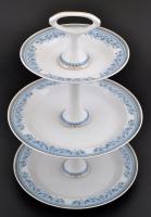 Hollóházi kék mintás porcelán háromemeletes kínáló, matricás, jelzett, hibátlan, m: 37 cm