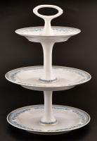 Hollóházi kék mintás porcelán háromemeletes kínáló, matricás, jelzett, hibátlan, m: 37 cm