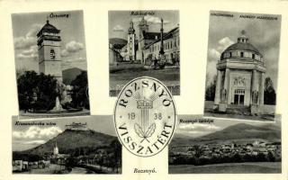 1938 Rozsnyó, Roznava; Rozsnyó visszatért, Rákóczi őrtorony magyar címerrel és irredenta felirattal, Rákóczi tér, Krasznahorka vára, Andrássy Mauzóleum / entry of the Hungarian troops, watchtower with Hungarian coat of arms and irredenta propaganda, square, Hrad Krásna Horka castle, mausoleum