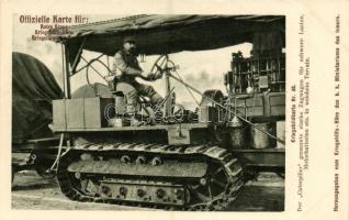 Kriegsbildkarte Nr. 46. Der Caterpiller genannte starke Zugwagen für Schwere Lasten, Motorbatterien etc. in weichem Terrain. Kriegshilfsbüro des k.k. Ministeriums des Innern / WWI Austro-Hungarian (K.u.K.) military postcard, strong train (railway) car