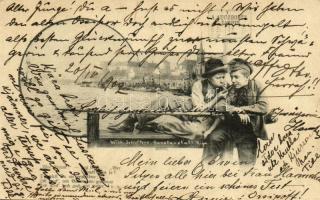 1902 Riga, A. Augsburgs Dampfer / port view with boys smoking cigarettes Wilh. Scheffers Kunstanstalt