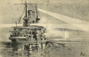 Projektorenübung. K.u.K. Kriegsmarine / Austro-Hungarian battleships projector exercise. Phot. Alois Beer, Verlag F.W. Schrinner, Pola s: Ramberg
