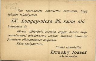 1901 Budapest IX. Brucky József lakatos műhelyének reklámlapja. Lónyay utca 26.